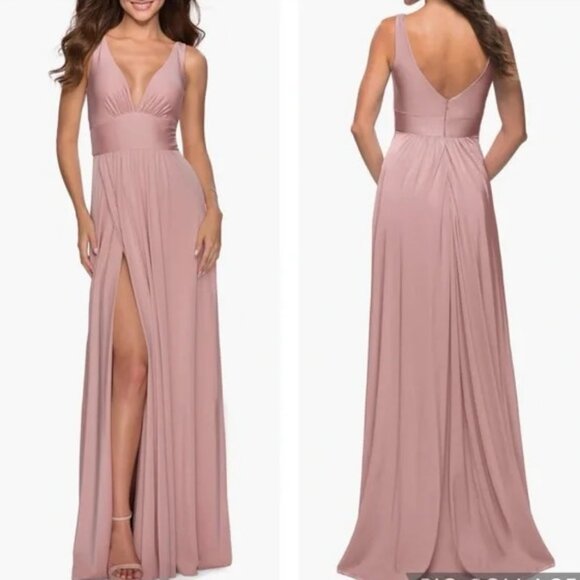 NWT LA FEMME Plunge Neck High Slit Party Gown Sleeveless Mauve Pink 4 MSRP $318